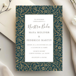 Invitation Mariage Floral Vintage Or Bleu Nil Doré Nuestra Bo