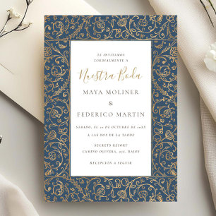 Invitation Mariage Floral Vintage Or & Bleu Nuestra Boda