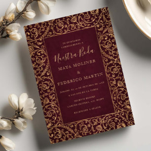 Invitation Mariage Floral Vintage Or Bourgogne Nuestra Boda