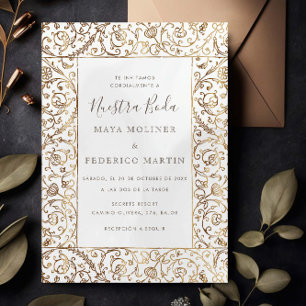 Invitation Mariage Floral Vintage Or & Crème Nuestra Boda