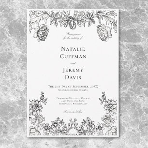 Invitation Mariage Floral Vintage Tapisserie Noir & Blanc