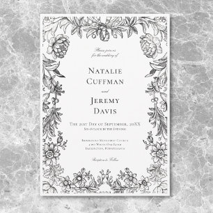 Invitation Mariage Floral Vintage Tapisserie Noir et Blanc