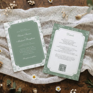 Invitation Mariage Floral Vintage Toile Vert Sauge Français