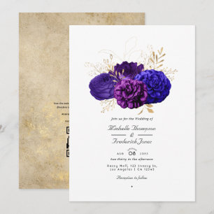 Invitation Mariage Floral Vintage Violet, Bleu Royal et Or