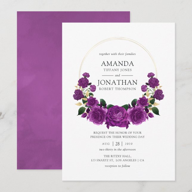 Invitation Mariage Floral Vintage violet et or (Devant / Derrière)
