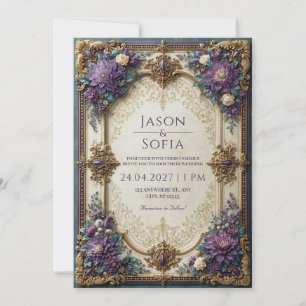 Invitation Mariage Floral Violet Doré