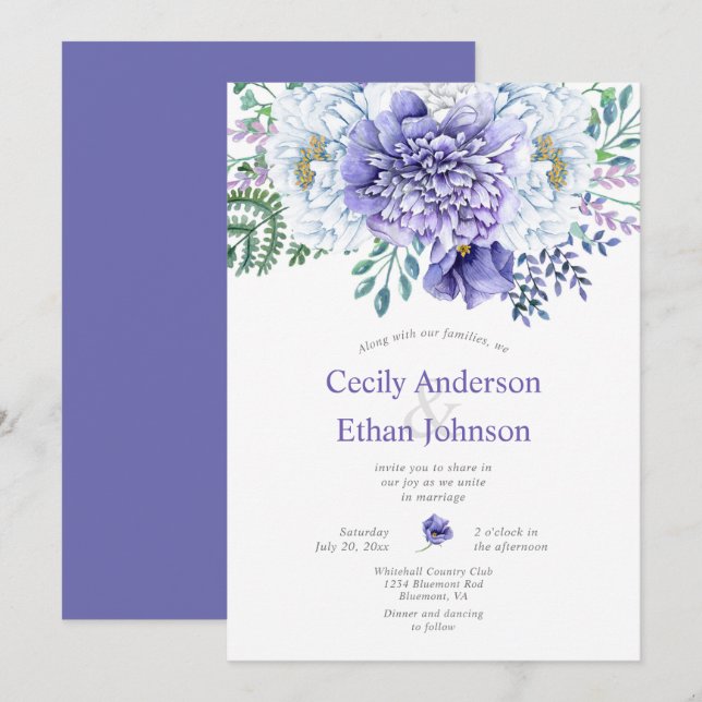 Invitation Mariage floral violet et blanc (Devant / Derrière)