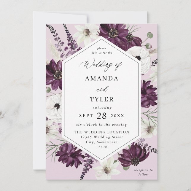 Invitation Mariage floral violet et blanc - Lavande (Devant)