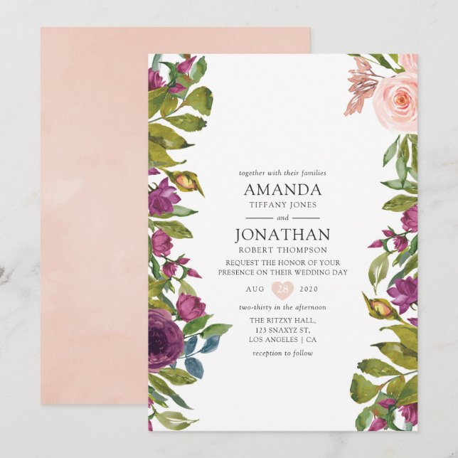 Invitation Mariage floral violet et flou (Devant / Derrière)