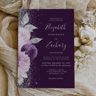 Invitation Mariage Floral Violet Foncé Paillettes Argentées