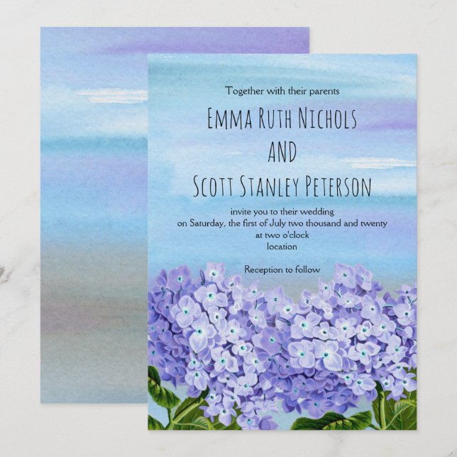 Invitation Mariage floral violet, hydrangée bleue (Devant / Derrière)