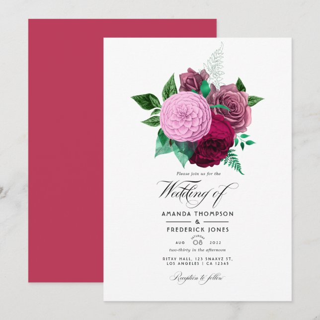 Invitation Mariage floral Viva Magenta (Devant / Derrière)