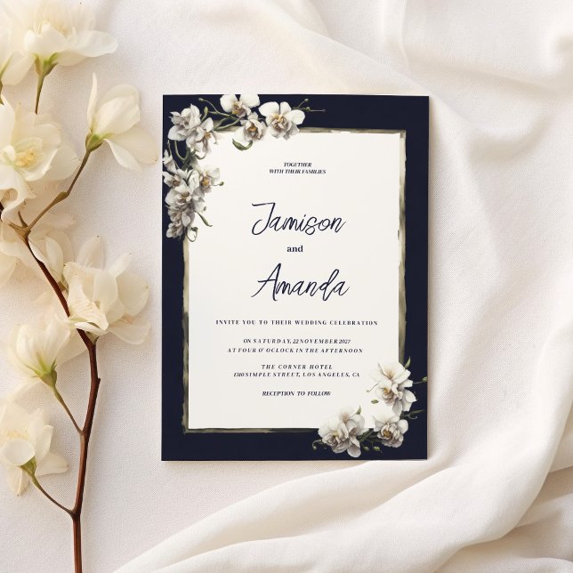 Invitation Mariage florale marine bleu or blanc orchidée de l (Luxury navy blue gold white orchid floral Wedding )