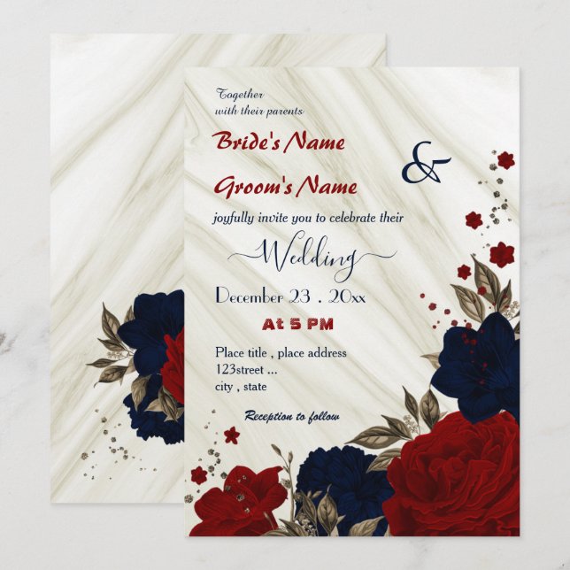 Invitation mariage florale rouge et bleu marine (Devant / Derrière)