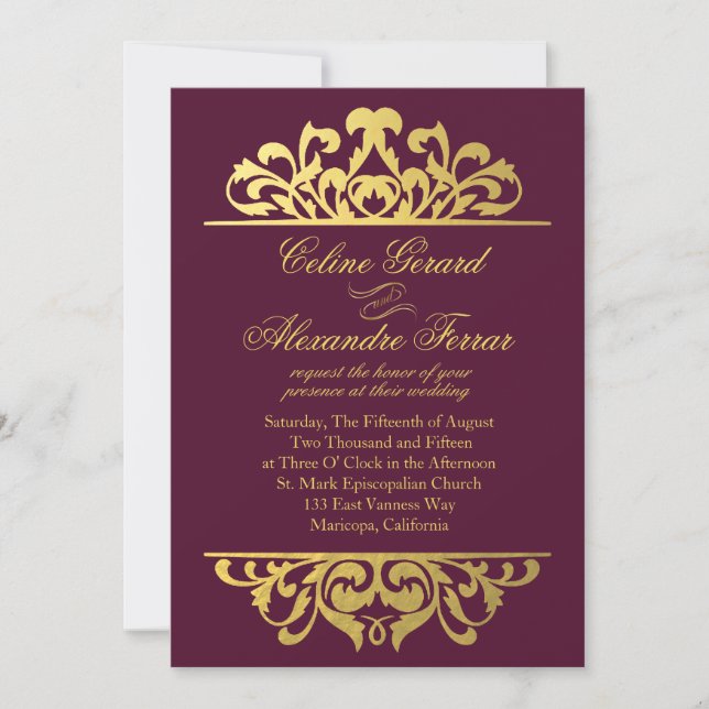 Invitation Mariage florissant d'huile de glam Gold| aubergine (Devant)