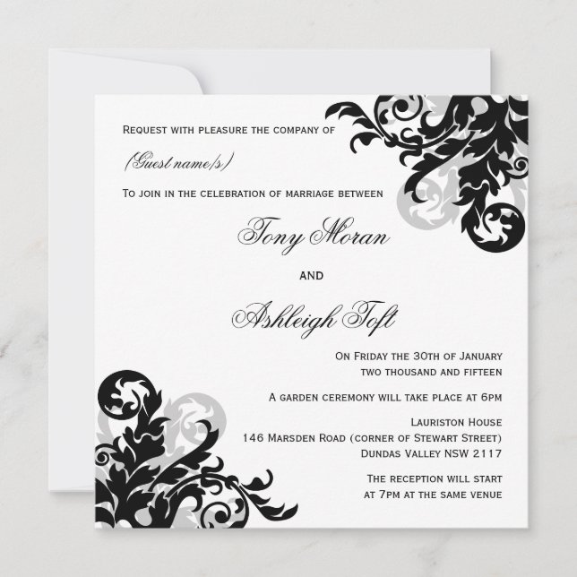 Invitation Mariage florissant noir et argent (Devant)
