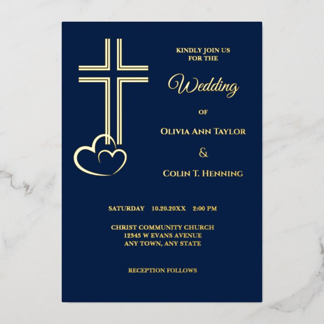 Invitation Mariage Foil Cross Hearts double ligne (Recto)