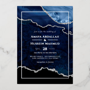 Invitation Mariage Foil  de la Marine Blue and Sil