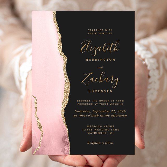 Invitation Mariage foncé moderne Blush Rose Or Agate (Créateur téléchargé)
