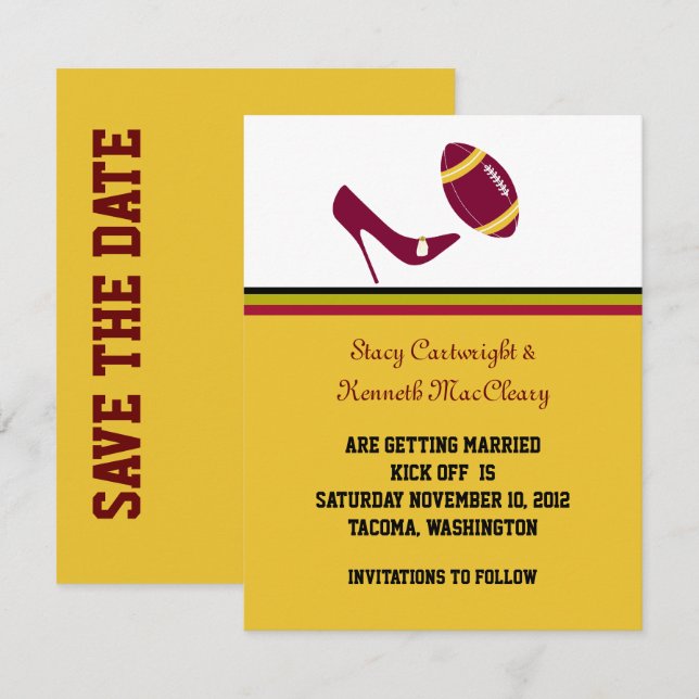 Invitation Mariage Football Rouge Bordeaux & Jaune Économisez (Devant / Derrière)
