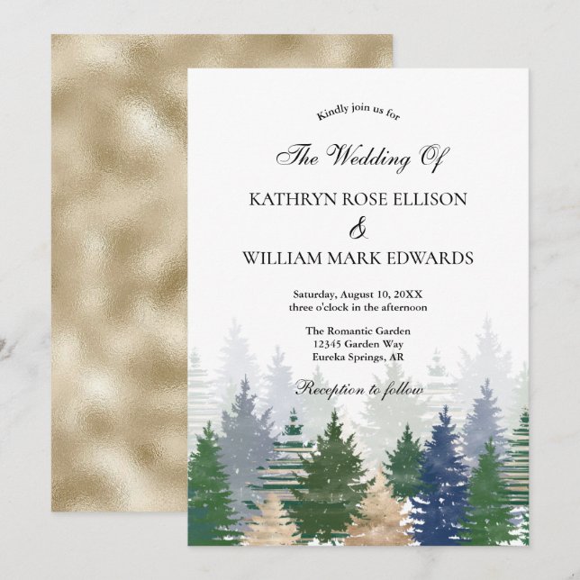 Invitation Mariage forestier des pins d'hiver moderne (Devant / Derrière)