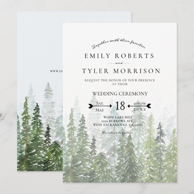 Invitation Mariage forestier Rustique Aquarelle Pine Trees (Devant / Derrière)