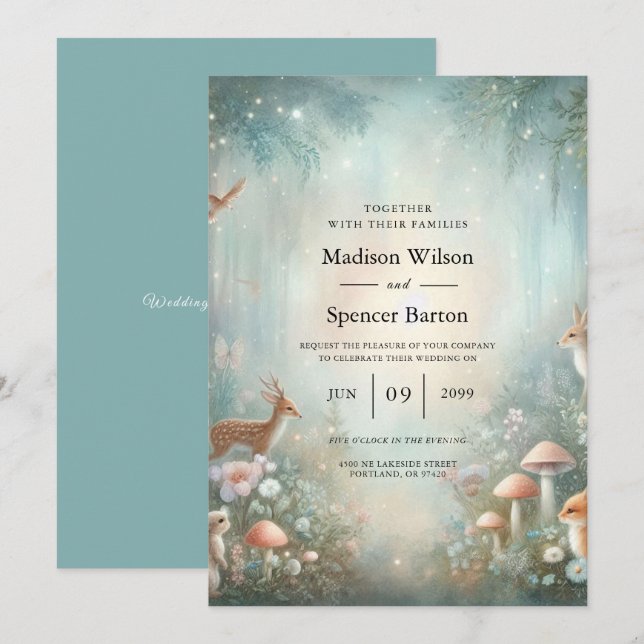 Invitation Mariage forestier turquoise et de pêche enchantée (Devant / Derrière)