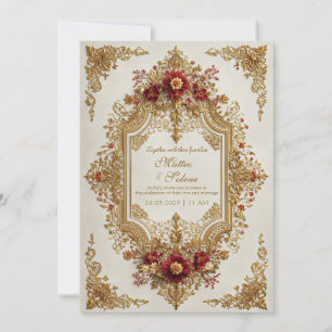 Invitation Mariage Formel Antique Bourguignon Floral Doré