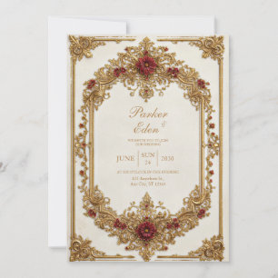 Invitation Mariage Formel Antique Bourguignon Floral Doré