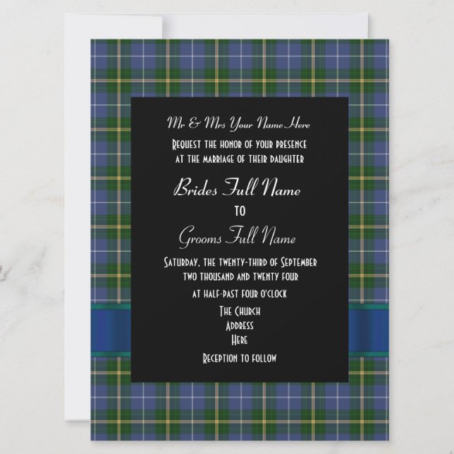 Invitation Mariage formel bleu et vert tartan plaid (Devant)