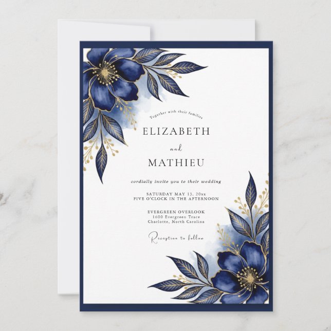 Invitation Mariage Formel Bleu Nuit Doré (Devant)