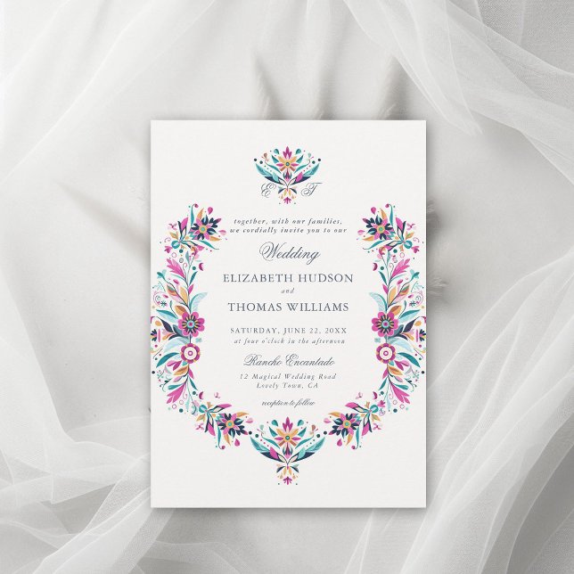 Invitation Mariage Formel Cimier Rancho Mexicain (rancho wedding mexican invitation floral frame watercolor wildflower formal classic traditional pink)