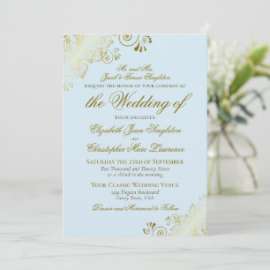 Invitation Mariage Formel Classique Élégant Bleu Poudre & Or