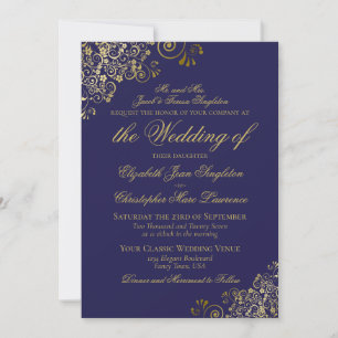 Invitation Mariage Formel Élégant Bleu Nuit et Or