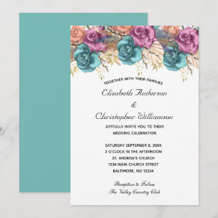 Invitation Mariage Formel Élégant Fleur Rose Pêche Bleue