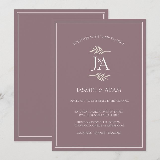 Invitation Mariage Formel Élégant Initiales Classiques Violet (Devant / Derrière)