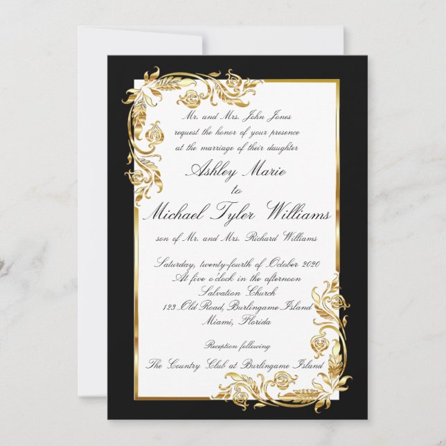 Invitation Mariage Formel Élégant Noir Blanc Or (Devant)
