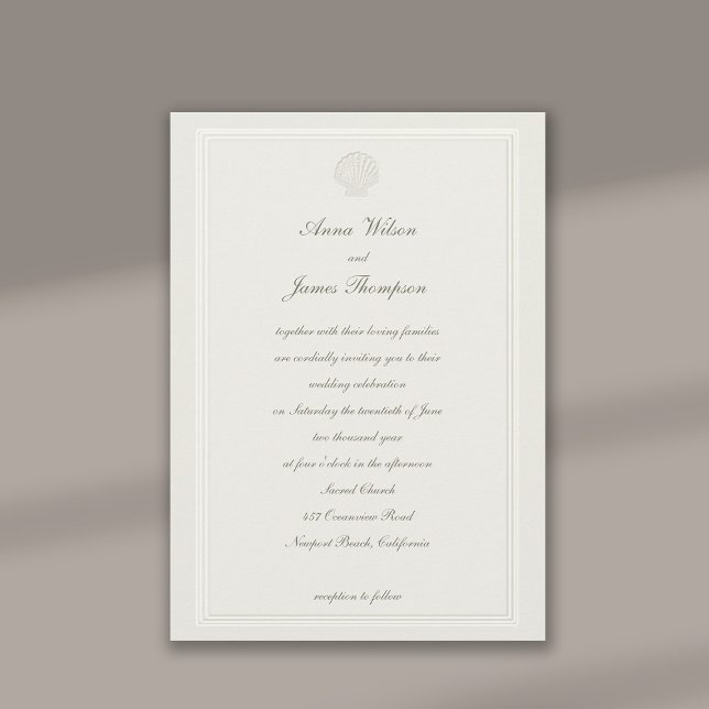 Invitation Mariage formel Faux Embossé Frame Seashell Ecru (formal traditional wedding invitation nautical seashell beach ocean lakeside yacht faux embossed)