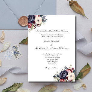 Invitation Mariage Formel Fleurs Burgundy Bleu Nuit Crème