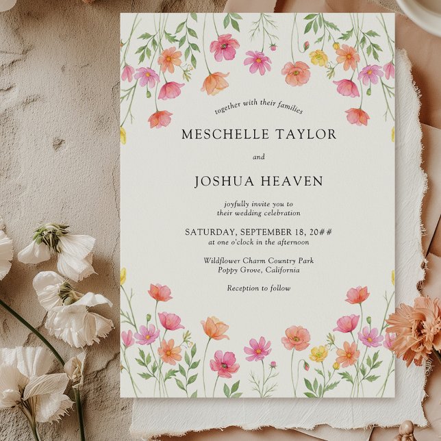 Invitation Mariage Formel Floral Orange Rose (Pink Orange Floral Wedding Invitation from Wildflower Bloom collection by Darling & May)