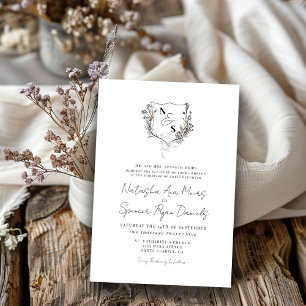 Invitation Mariage Formel Monogramme à Crête Florale Noir/Bla