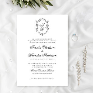 Invitation Mariage Formel noir & blanc Floral Monogram Crest