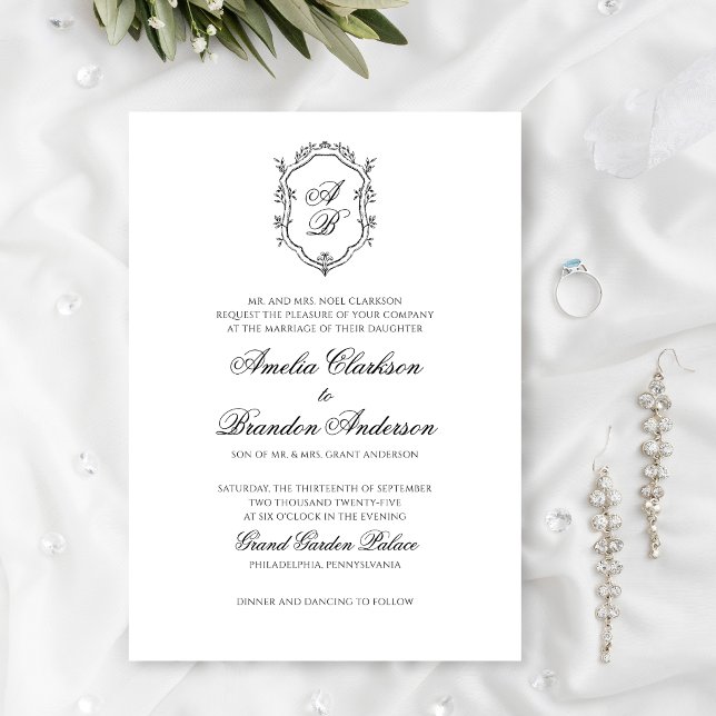 Invitation Mariage Formel noir & blanc Floral Monogram Crest (Créateur téléchargé)