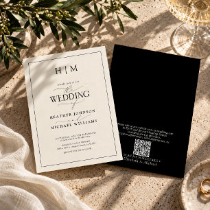 Invitation Mariage Formel QR Code Noir Ivoire Monogramme Scri