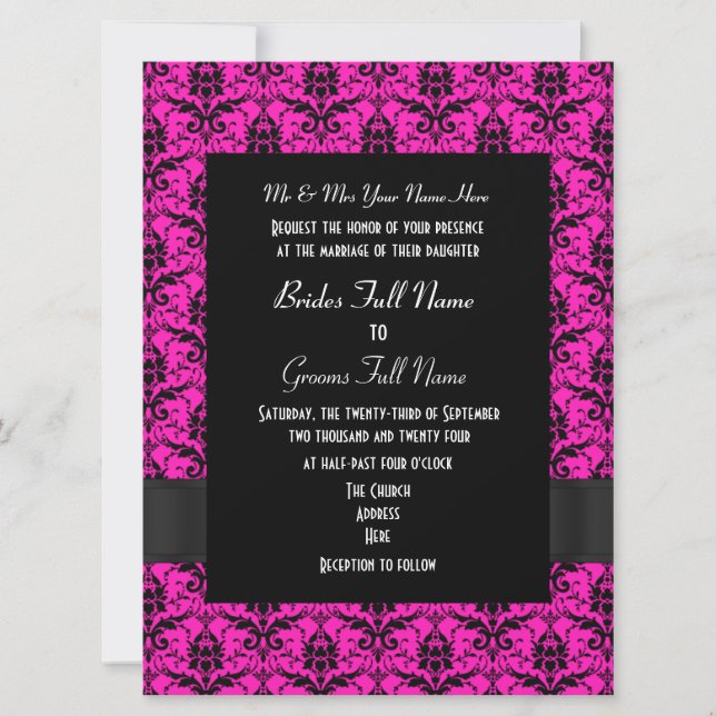 Invitation Mariage formel rose et noir damassé (Devant)