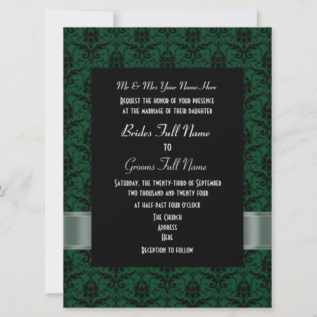 Invitation Mariage formel vert et noir damassé (Devant)