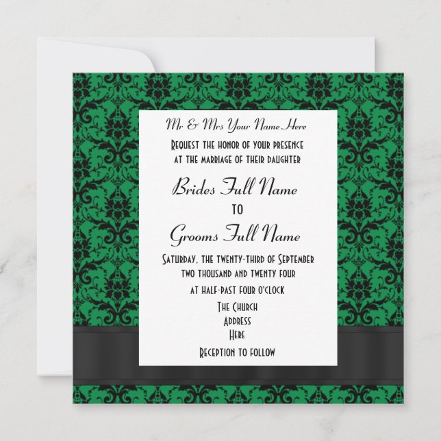 Invitation Mariage formel vert et noir damassé (Devant)