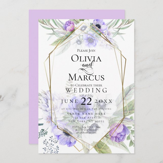 Invitation Mariage | Frame à fleurs d'anémone violet (Devant / Derrière)