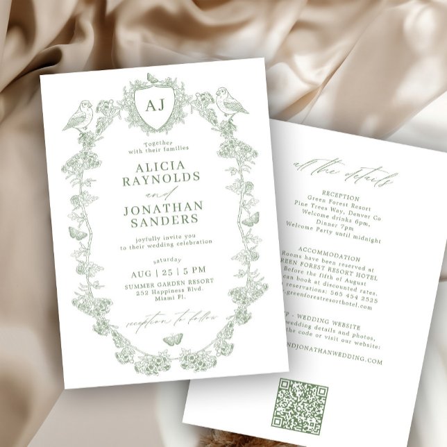 Invitation Mariage français victorien vert sauge tout-en-un (Créateur téléchargé)