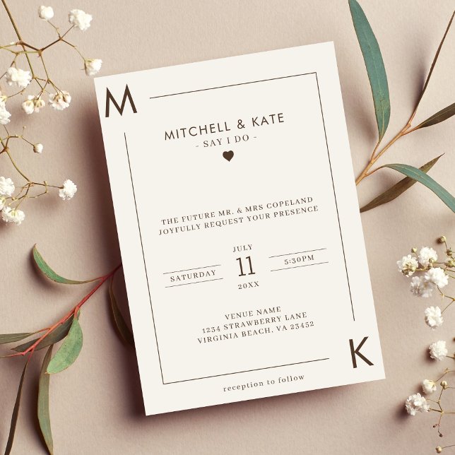 Invitation Mariage frontalier Beige Brown simple Monogramme (Beige Brown Simple Monogram Wedding Invitation)